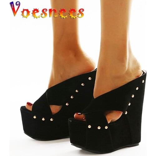 Super High Heels Nightclub Women Shoes New Black Rivet Walk Show Slippers Peep Toe Pole Dance Sandals Sexy Party Wedges Shoes