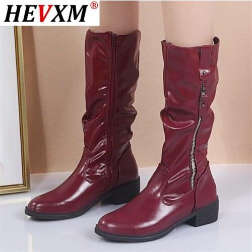 2020 Women Winter Mid-Calf Boots Fashion PU Leather Boots Zipper Warm Mid-calf Boots for Women Shoes Mid Heel Boots Botas Mujer