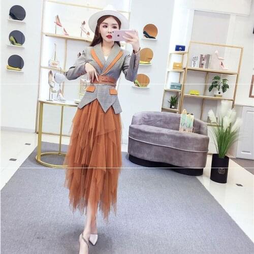 2021 Womens Suit Autumn New Stitching Irregular Suit + Pleated Mesh Skirt Suit Fashion Two Piece Temperament Womens Suit Skirt