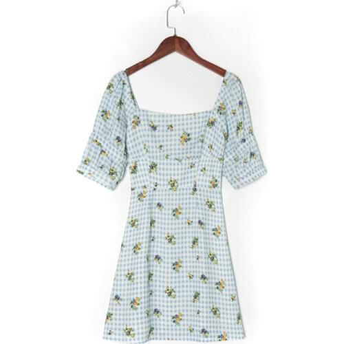 Summer Womens Casual Plaid Flower Printed Square Collar Short Sleeve Slim Dress