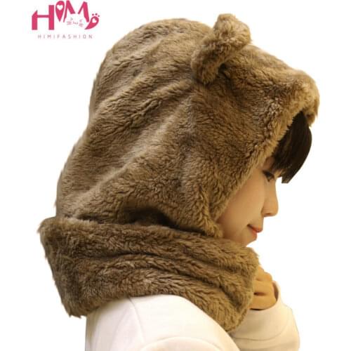 Winter Warm Headgear Feminine Thick Fabric Cute Bear Ear Fluffy Skullies Beanies Men Women Unisex White Hat Brown White Color