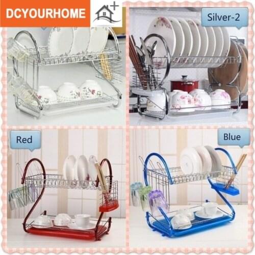 2 Tiers Kitchen Dish Cup Drying Rack Drainer Dryer Tray Cutlery Holder Organizer