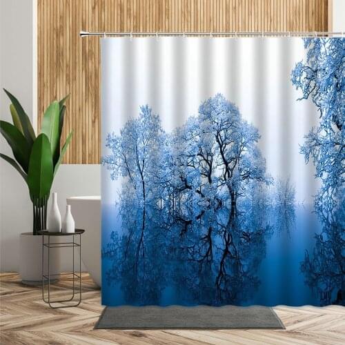 3D Winter White Snow Scenic Shower Curtain Tree Blue Lake Bathroom Decor Waterproof Fabric With Hook Bath Curtains Home Decorate