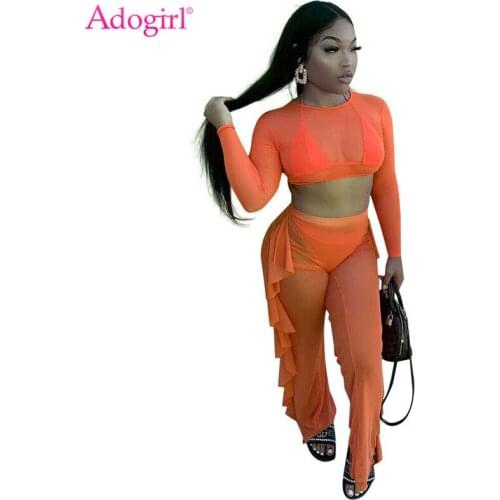 Adogirl Women Sexy See Through Mesh Two Piece Set Long Sleeve Crop Top Ruffle Pants Summer Beach Suit Swimwear Overalls Outfits