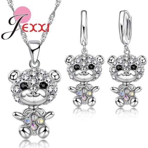 Shiny 925 Sterling Silver ColorBear Austrain Crystal Pendant Necklace Hoop Earring Set Silver Crystal Jewelry Set Girls Gifts