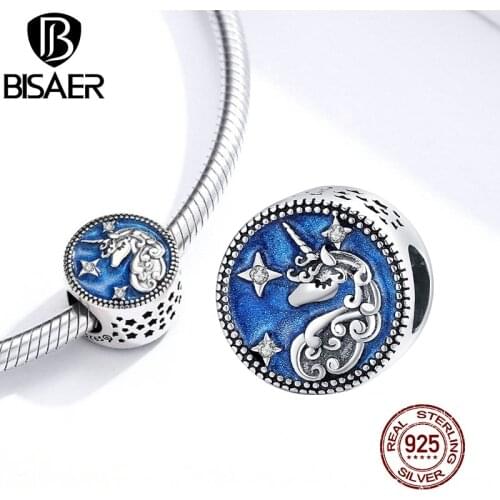 Unicorn Charms BISAER 925 Sterling Silver Hot Sale Blue Enamel Licorne Pave Beads Charms fit Original 925 Jewelry Making EFC230