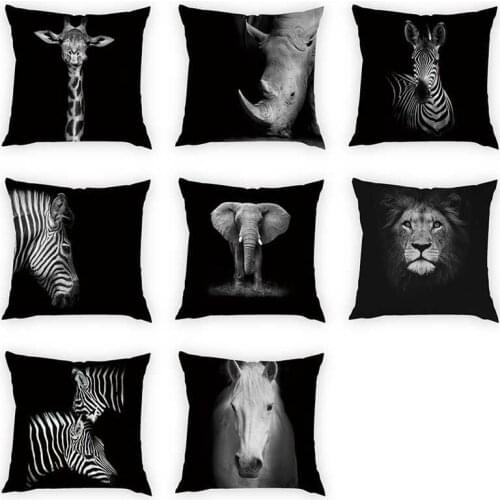 Black and White Wild Animal Photo Pattern Cushion Cover 45x45cm Peach Skin Printing Rhino Zebra Giraffe Home Decoration Pillow