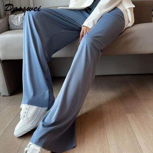DASSWEI Fashion Ice Silk Wide Leg Pants Women 2021 Summer Loose Long Straight Trousers Elastic High Waist Pants Femme Drawstring