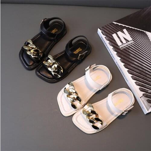 Kids Sandals 2021 Fashion New Children Open Toe Beach Shoes Metal Chain Girls Queen Style Shoes 5-9 Years Old