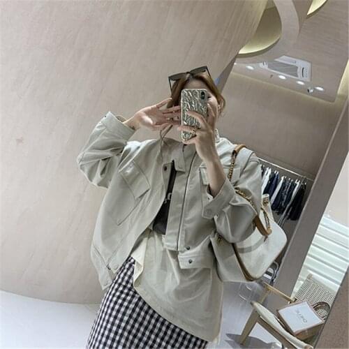 Coffee Color Black Spring Autumn 2021 Korean Loose Stand Collar Long-sleeve Short Motorcycle Biker Jacket Casual Mujer Chaqueta