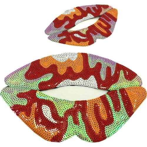 Set of 2 Big Lip Sequin Embroidery Patch Iron On Patches For Clothing Parches Ropa Beaded Applique Clothes With Sequin AC1401