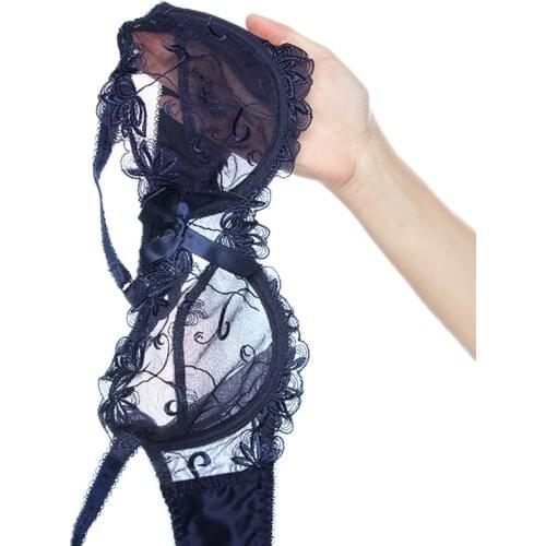 New Sexy Embroidery Transparent Women Bra And Panties Set Lingerie Plus Size D E Cup Push Up Ultra Thin Lace Underwear Set Blue