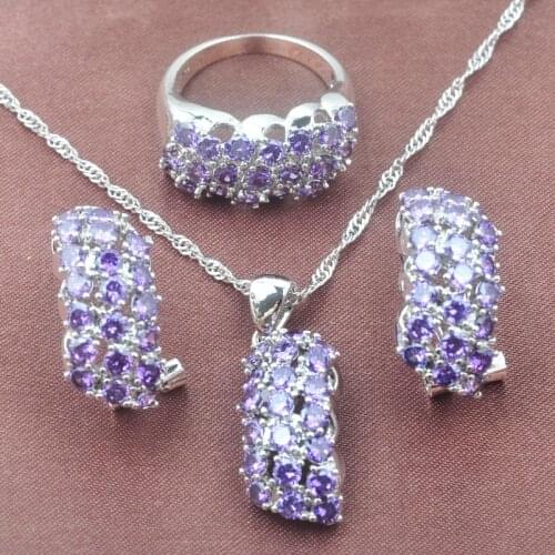 Shining Purple Cubic Zirconia Jewelry Sets Womens Silver Color Crystal Ring Necklace And Earrings Set TZ0282
