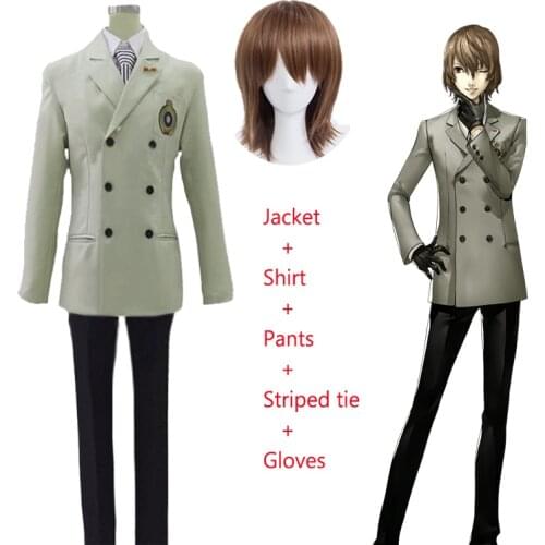 Persona 5 Goro Akechi Cosplay Suit Set P5 School Uniform Suit Cosplay Costume Anime Outfits Halloween Carnical Wig+Wig cap