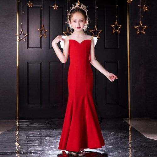 Teens Girls Red Long Evening Dresses Luxury 2021 Formal Prom Party Gowns Children Christmas Banquet Clothing 3 6 8 10 12 14 Year