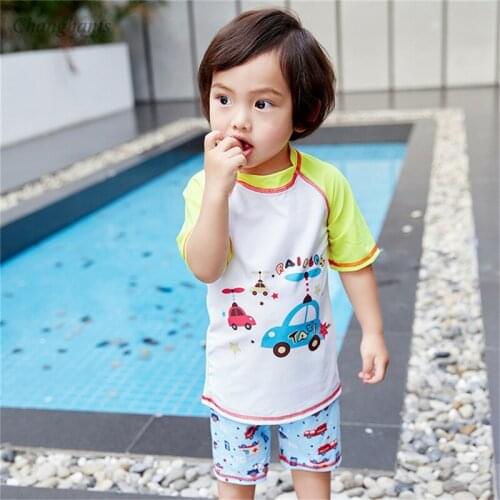 1-8 Y Boys Two Pieces Swimwear Yellow White Blue Car Boys Short Sleeve Bathing Suits Child Rash Guard Kids Swimming Pool Suit