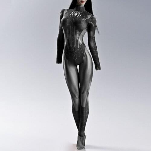 1/6 Scale Female Soldier High Stretch/Delicate Knitted Fabric One-Piece Tights Stretch 3D Printing Black Spider Girl