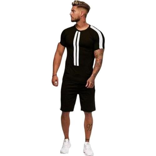 2021 Mens Summer New Black Short-sleeved T-shirt Two-piece Fitness Loose Round Neck Color Matching Casual Running Sportswear