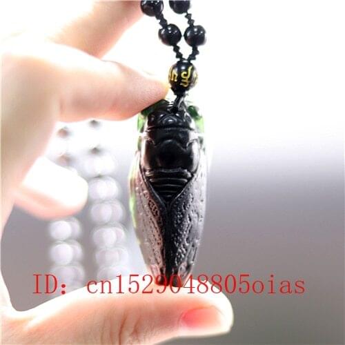 Natural Black Green Chinese Jade Cicada Pendant Obsidian Necklace Charm Jewelry Accessories Carved Amulet Gifts for Men