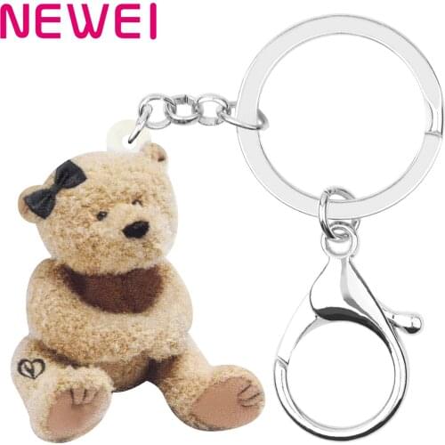 Newei Acrylic Brown Plush Toy Bear Keychains Print Cute Animal Key Ring Jewelry For Women Kids Girls Classic Gift Bag Charms