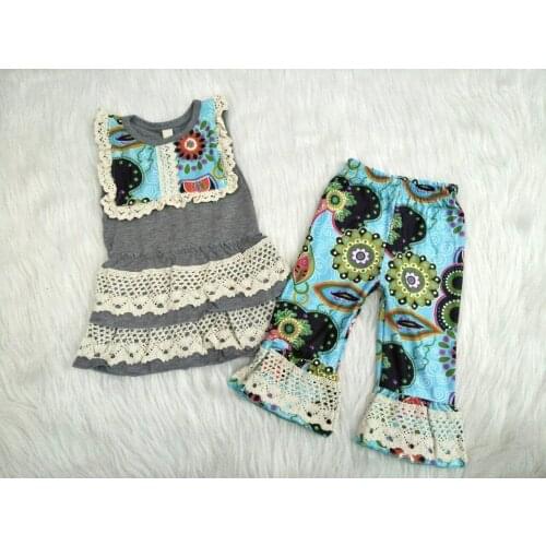 Wholesale/retail ethnic style outfits baby girls lace sleeveless t shirt+flower pants 2 pcs sets boutique children clothing gxj