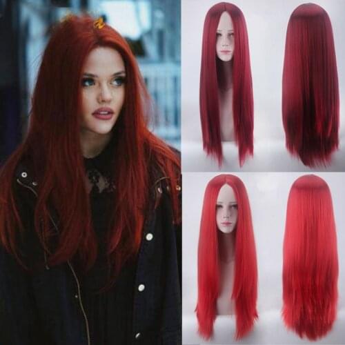 31 inch Red Color With Middle Part Combs Rose Net Inside Wigs Heat Resistant Synthetic Hair Cosplay Costume Wigs + Wig Cap