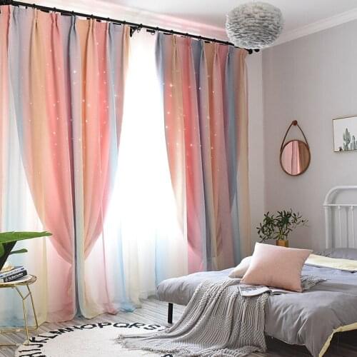 Korean Princess Blackout Curtains for Living Room Bedroom Double Layer Curtain with Hollow Stars Creative Drapes Sweet Blinds