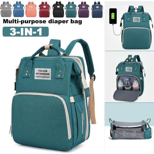 3 In 1 Diaper Bags Large Capacity Multifunction Bag Portable Crib USB Charge Port Waterproof Outdoor Travel Bags Mochila Bebe