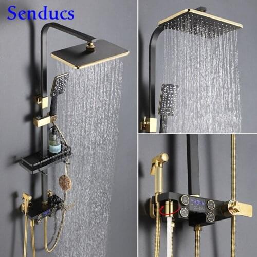 Thermostatic Bathroom Shower Set Senducs Black Gold Bathtub Mixer Faucet Wall Mounted Temperature Display Digital Shower Set