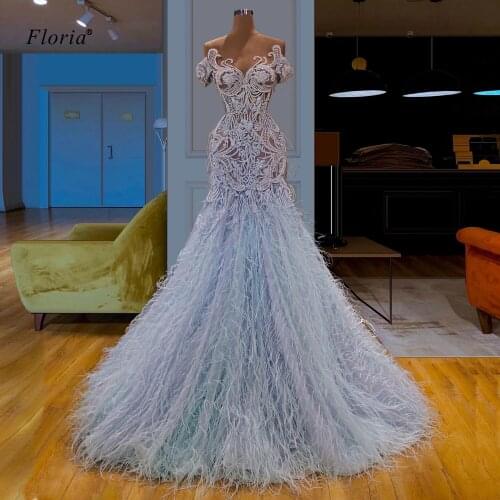 Vintage Lace Prom Dresses 2020 Long Feathers Vestido De Festa Kaftan Evening Dresses Mermaid Transparent Party Gowns Customize