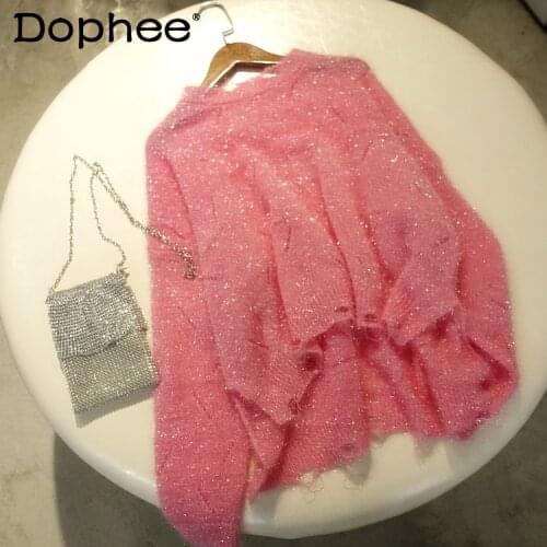 All-Match Long-Sleeved Knited Sweater Women 2021 Spring Korean Style Bright Silk Flash Elegant Hollowed-out Knited Jumper Female