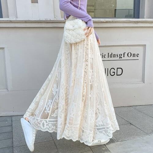 TingYiLi Womens Lace A-line Skirt Elastic High Waist Big Swing Maxi Skirt Korean Style Elegant Ladies Beige Black Skirt Long