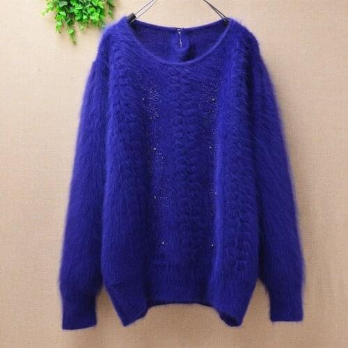 Female top quality vintage winter plush angora rabbit clothing loose beading long sleeves mink fur knitted pullover sweater coat