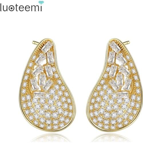 LUOTEEMI Unique Stud Earrings for Women Wedding Luxury CZ Stone Fashion Jewelry Water Drop-Shaped Aretes De Mujer Christmas Gift