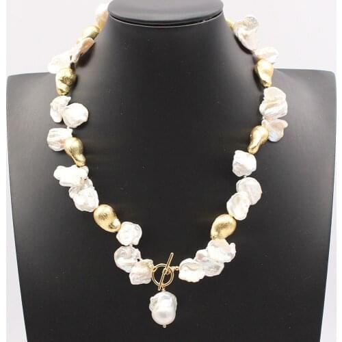 GG Jewelry18'' Natural White Keshi Pearl Gold Color Plated Electroplate Beads Necklace Baruque Pearl Pendant For Women Lady Gift