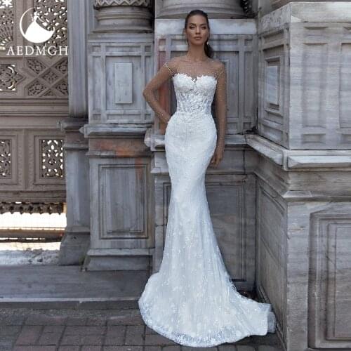 Aedmgh Mermaid Sheath Wedding Dresses 2021 O-Neck Long Sleeve Illusion Vestido De Novia Lace Applique Beaded Elegant Bride Dress
