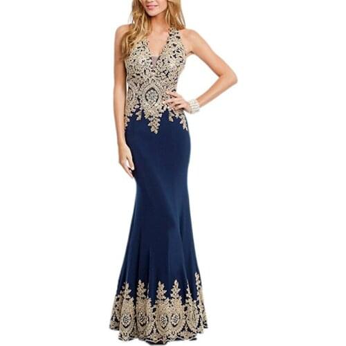 Sexy Mermaid Evening Dresses Halter Neck Gold Appliques Long Formal Party Dresses Navy Blue vestidos vestidos de festa 2019 New