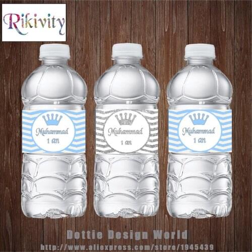 20Pcs Custom Silver Blue Chevron Birthday Water Bottle Label Wine Champagne Label Candy Bar Wrapper Baby Shower Party Decoration