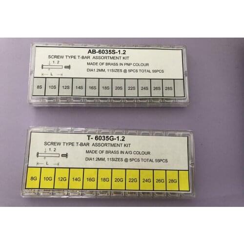 55pcs Brass Material 1.2mm Thick Screw Type T Bar Assortment Kit Gold and Silver Color to Choose