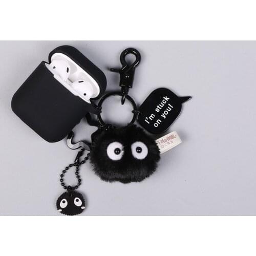 Anime Keychain Hayao Miyazaki My Neighbor Totoro Keychain Ring Plush Black Carbon Ball AirPods Headphone Case Cover Keychain