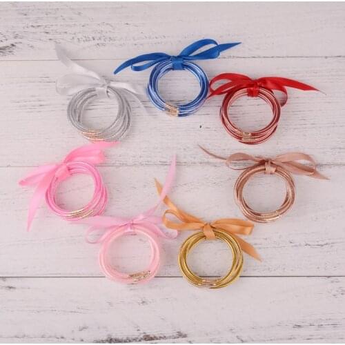 Fill Gold Powder Bowknot Friendship Glitter Bangle for Children All Weather Bangle Stack Silicone Plastic Glitter Jelly Bracelet