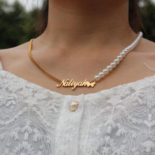 Curb Chain Pearl Choker Stainless Steel Butterfly Name Necklace Custom Jewelry Personalized Nameplate Necklaces Bridesmaid Gift