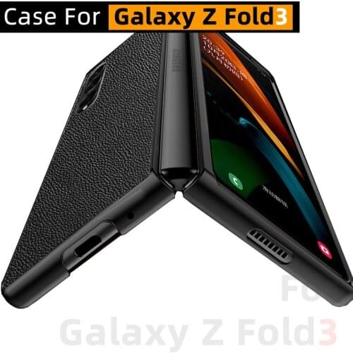 Back is Genuine Leather Material Lichee Texture Case 2021.8 New Case For Galaxy Z Fold 3 Case For Galaxy Z Fold3 5G Case