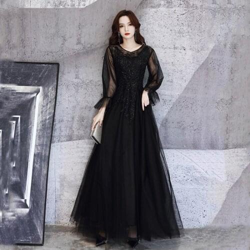 Black Evening Dress Sequins Embroidery O-Neck Floor-Length Lace Full Sleeves New Fashion Simple Woman Formal Party Gowns A652