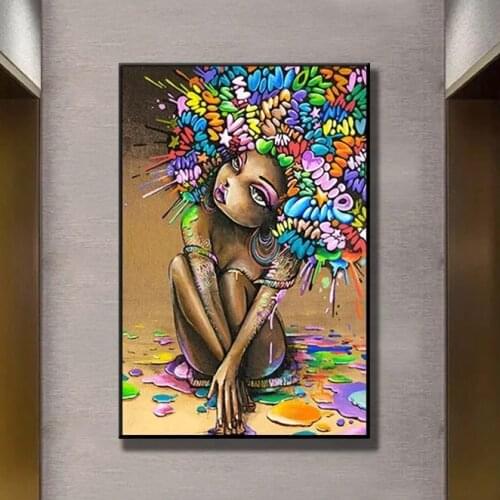 Colorful Abstract Girl Canvas Painting Street Graffiti Art Posters and Prints Modern Pop Wall Art Picture For Living Room Decor