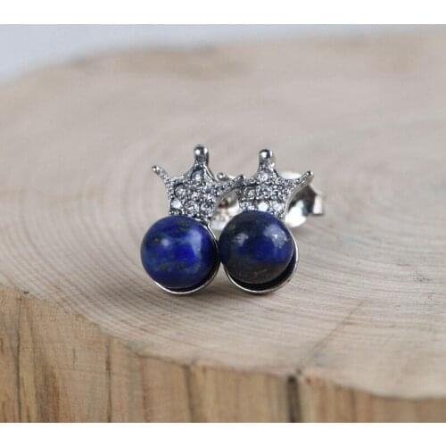 FNJ 925 Silver Earrings for Women Jewelry 100% Original Pure S925 Sterling Silver Stud Earring Crown Natural Lapis Lazuli