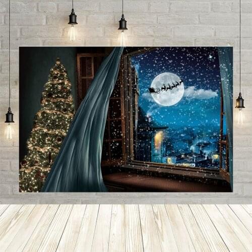 Avezano Christmas Decor Tree Winter Night Snowflake Curtain Window Santa Claus Photography Background Backdrops For Photo Studio