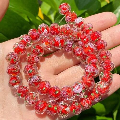 10mm Faceted Murano Red Transparent Flower Glass Crystal Lampwork Rondelle Beads for Jewelry Making Women Diy Bracelet Handmade