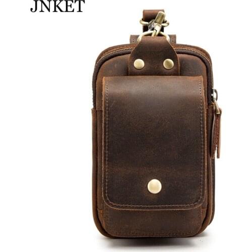 JNKET New Retro Cow Leather Waist Bag Mens Cellphone Bag Outdoors Belt Waist Packs Fanny Pack Messenger Bags