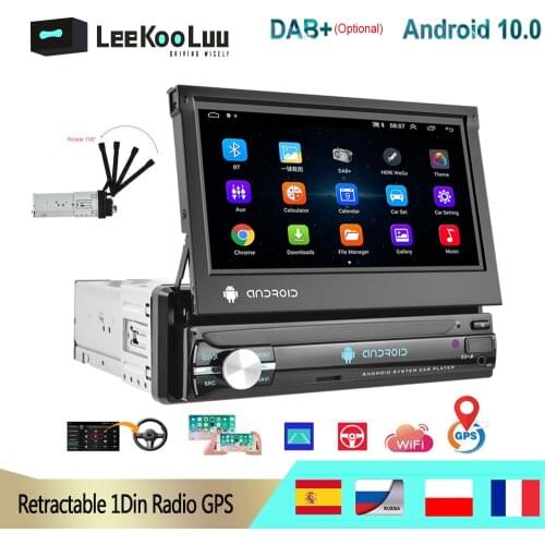 LeeKooLuu Android 10.0 Car Radio Autoradio 1 Din 7'' Retractable Screen Multimedia Player GPS Navigation Wifi Bluetooth USB RDS